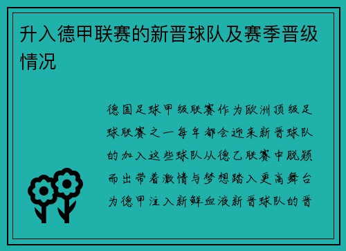 升入德甲联赛的新晋球队及赛季晋级情况